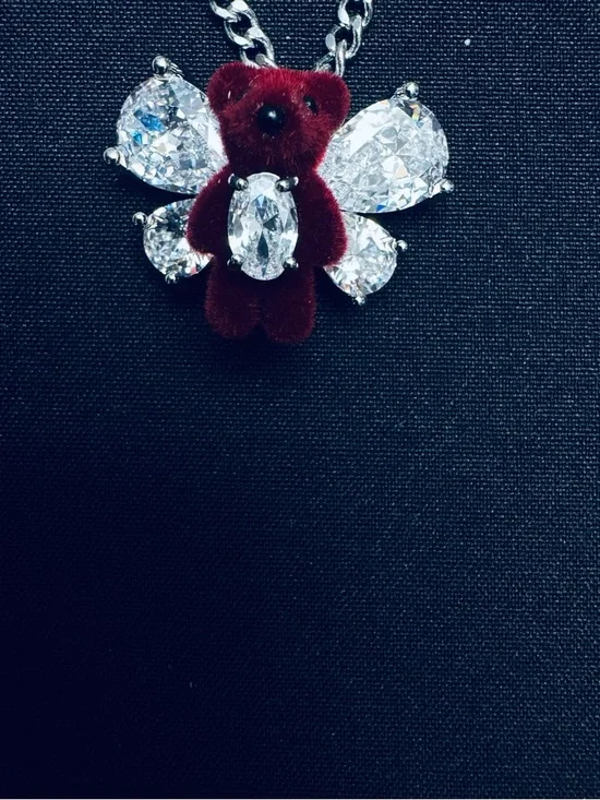 Women's Silver Chain Necklace with Burgundy Velvet Teddy and Crystal Wings - Picture 6 of 8